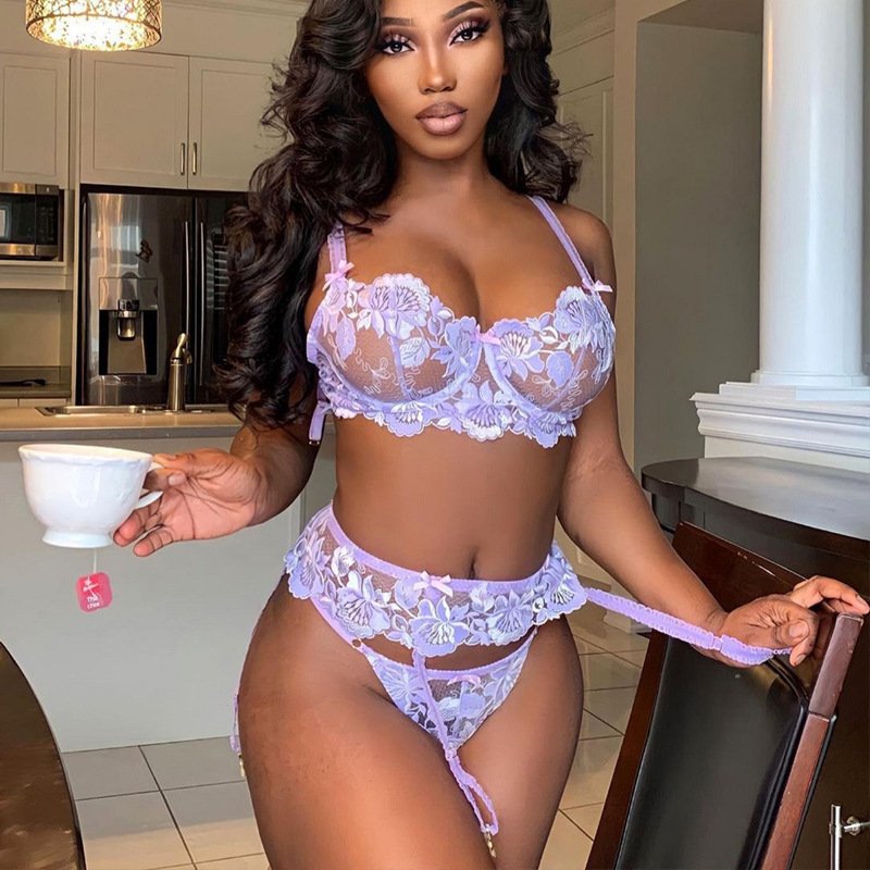 Hot-selling lingerie sexy purple lace garter belt three-piece women sexy lingerie