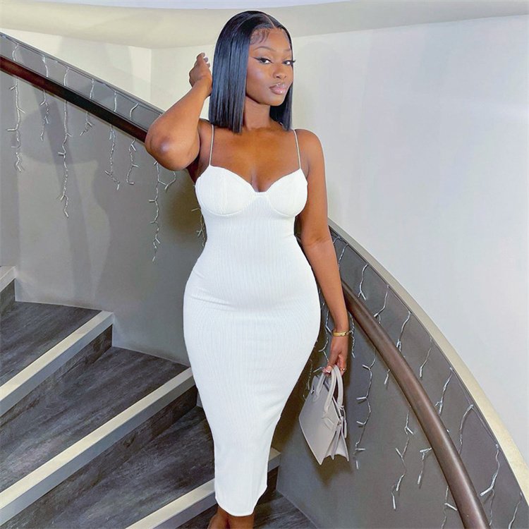 High Quality Trendy Summer Women Dress Backless Sling Solid Color Ribbed Knit White Casual Bodycon Maxi Dresses Women Elegant