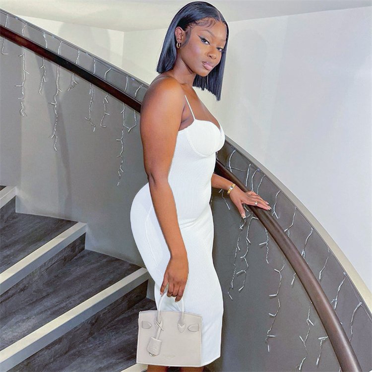 High Quality Trendy Summer Women Dress Backless Sling Solid Color Ribbed Knit White Casual Bodycon Maxi Dresses Women Elegant