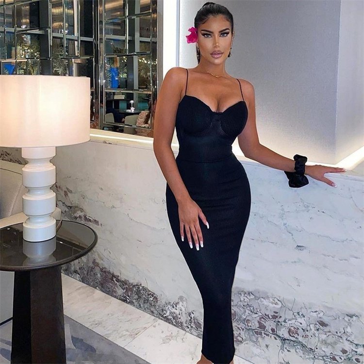 High Quality Trendy Summer Women Dress Backless Sling Solid Color Ribbed Knit White Casual Bodycon Maxi Dresses Women Elegant
