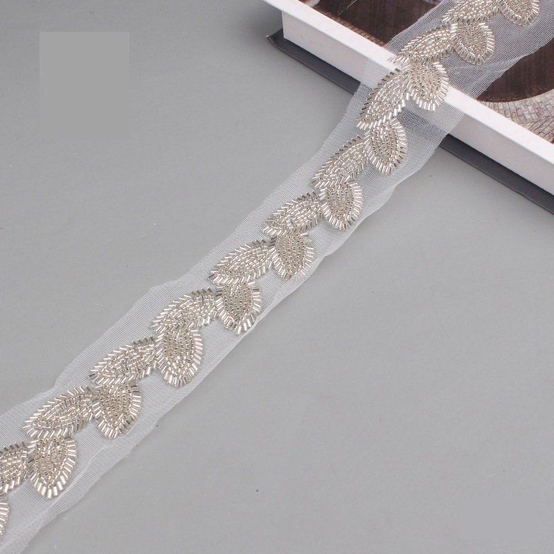 2023 Hot List Beaded Bar Code Mesh Machine Lace Ribbon Lace Beaded Clothing Accessories Hand beaded Sequin Trim