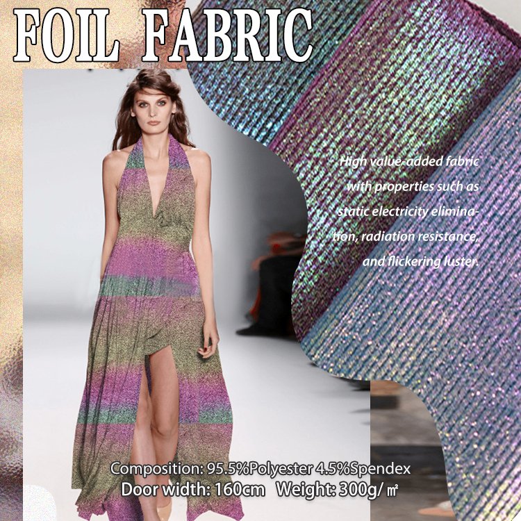 Shiny polyester spandex blend stretch rib knit gold foil print holographic fabric for dress clothing