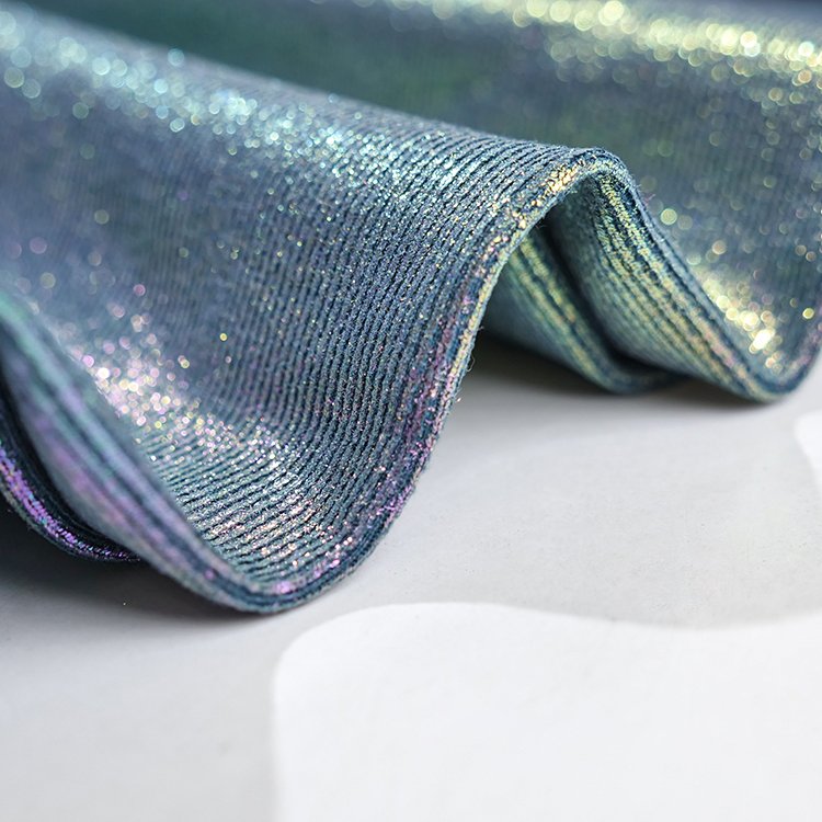 Shiny polyester spandex blend stretch rib knit gold foil print holographic fabric for dress clothing