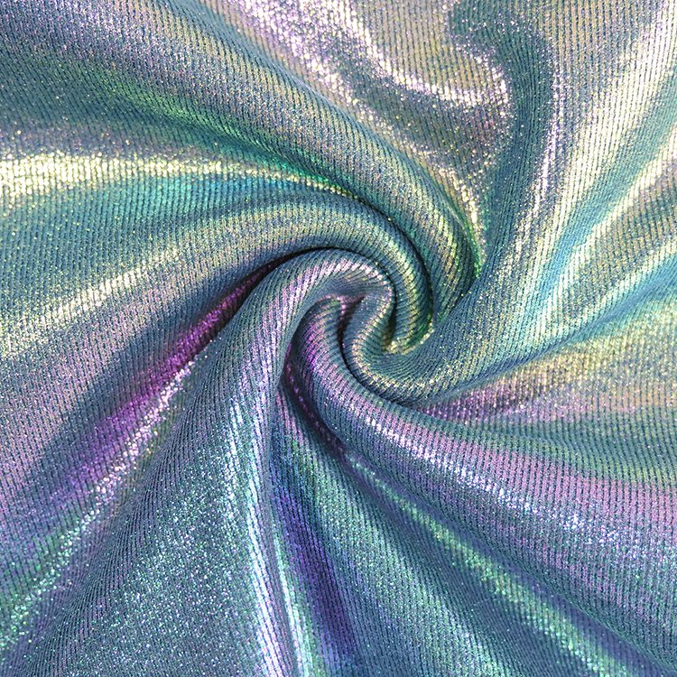 Shiny polyester spandex blend stretch rib knit gold foil print holographic fabric for dress clothing