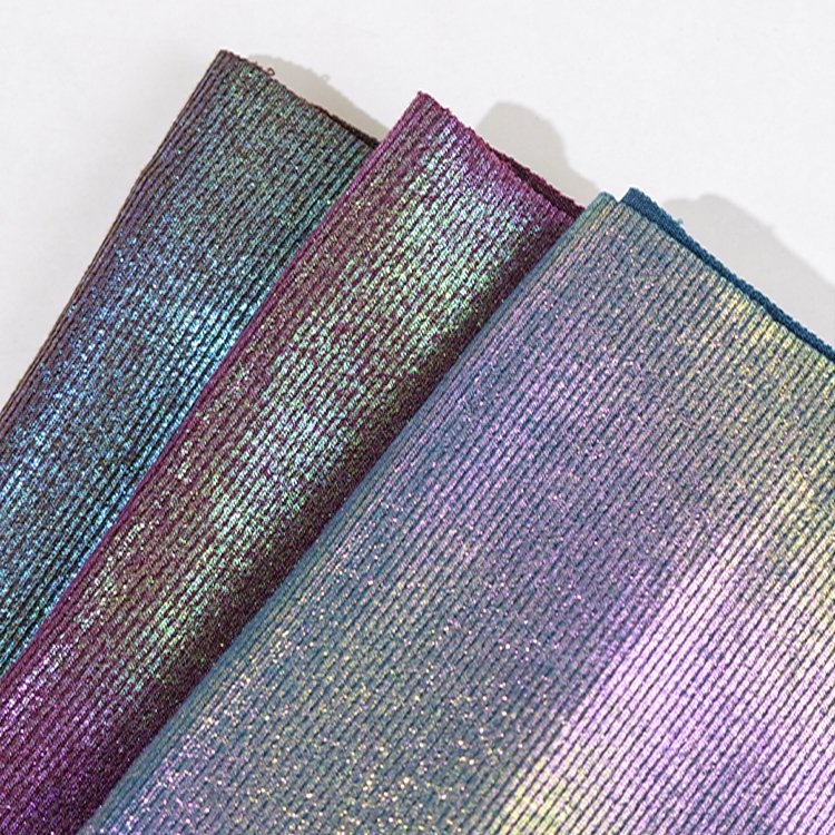 Shiny polyester spandex blend stretch rib knit gold foil print holographic fabric for dress clothing