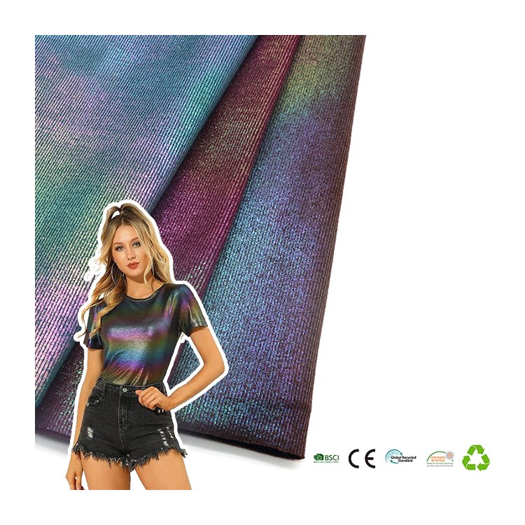 Shiny polyester spandex blend stretch rib knit gold foil print holographic fabric for dress clothing