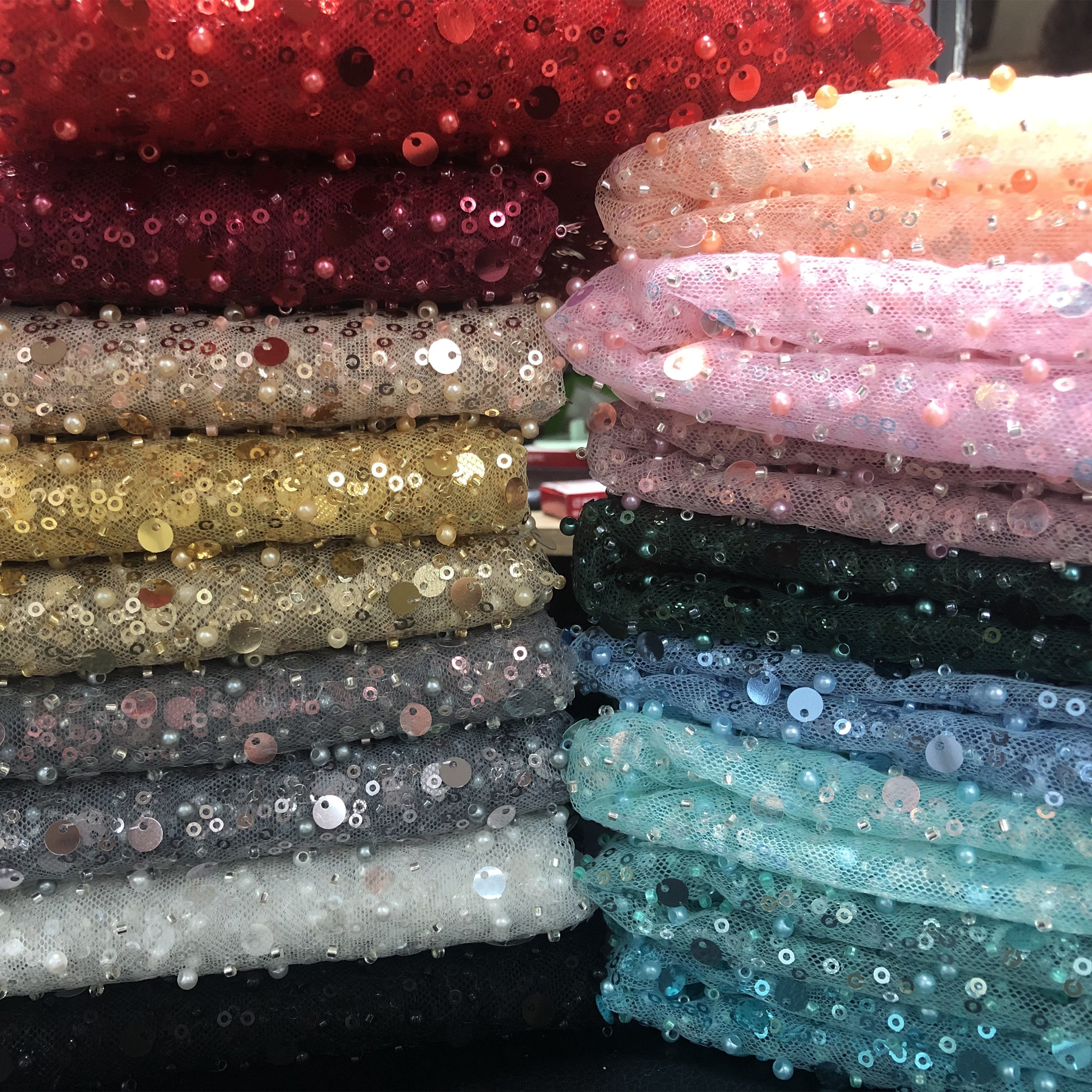 Lace Manufacturer french luxury 3d heavy silver beaded crystal sequins shining party lace dress sequin fabric