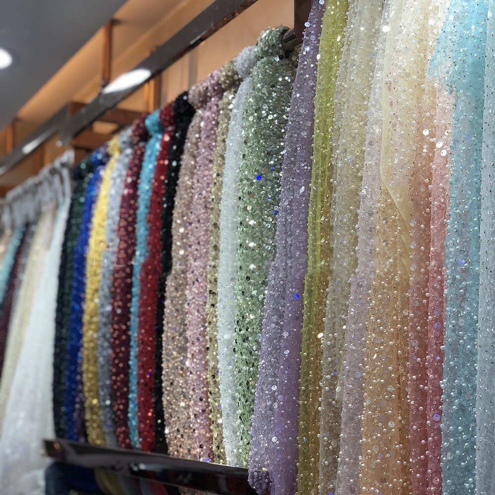 Lace Manufacturer french luxury 3d heavy silver beaded crystal sequins shining party lace dress sequin fabric