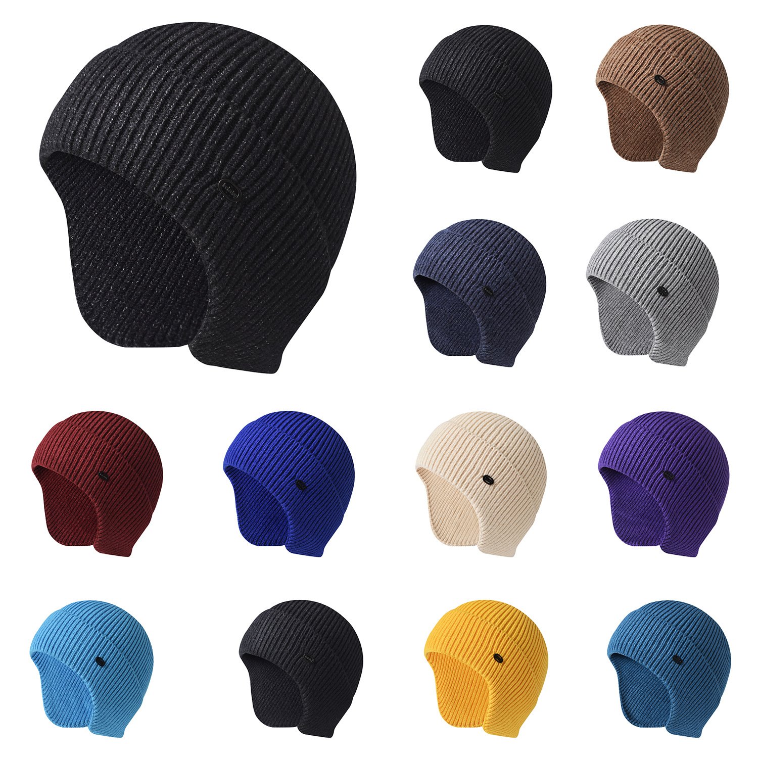 Outdoor Knit Earflap Beanie Caps Women Men Solid Stripe Beanie with Ears Warm Winter Skiing Knitted Ribbed Beanie Hat