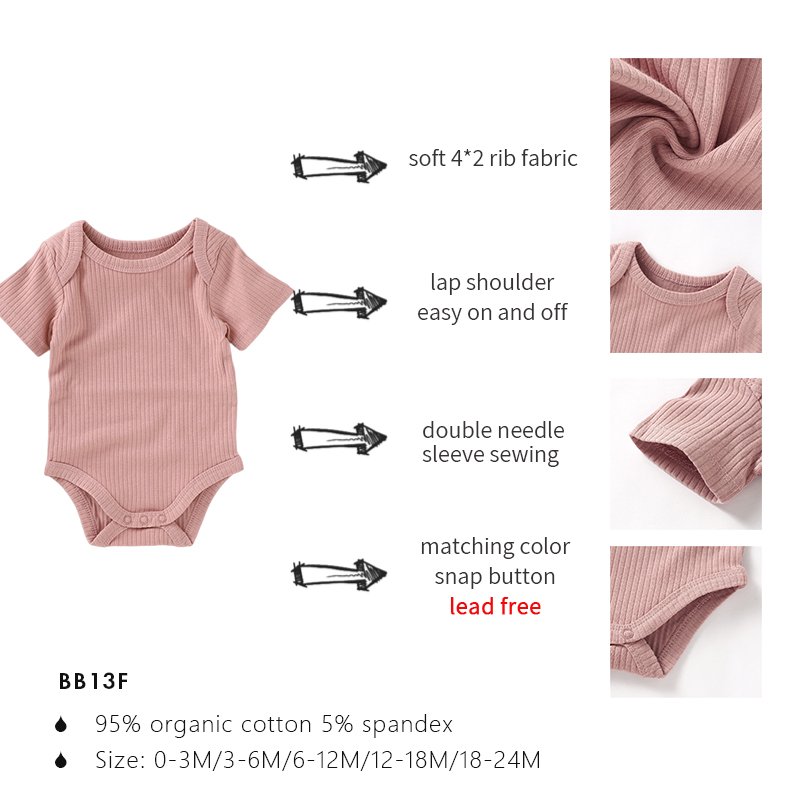 Customized logo from 20pcs Envelope Short Sleeve Snap Ribbed Organic Cotton Baby Unisex Romper Baby Bodysuit