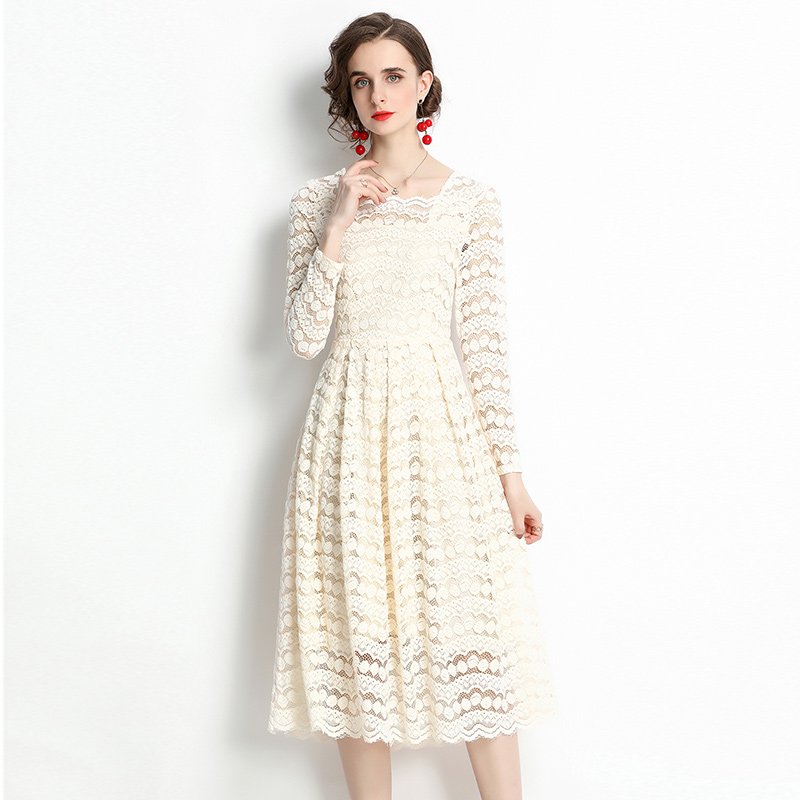 European station autumn and winter new mid-length lace square collar temperament waist long-sleeved flocking dress AZ6522070