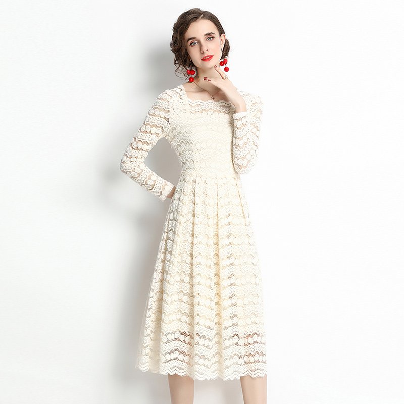 European station autumn and winter new mid-length lace square collar temperament waist long-sleeved flocking dress AZ6522070