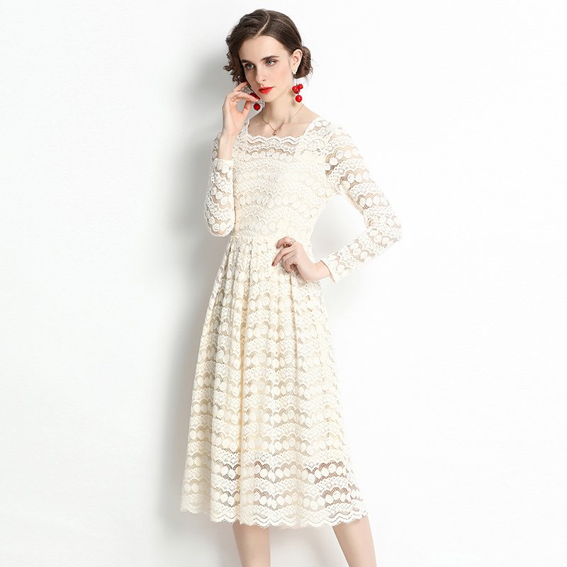European station autumn and winter new mid-length lace square collar temperament waist long-sleeved flocking dress AZ6522070