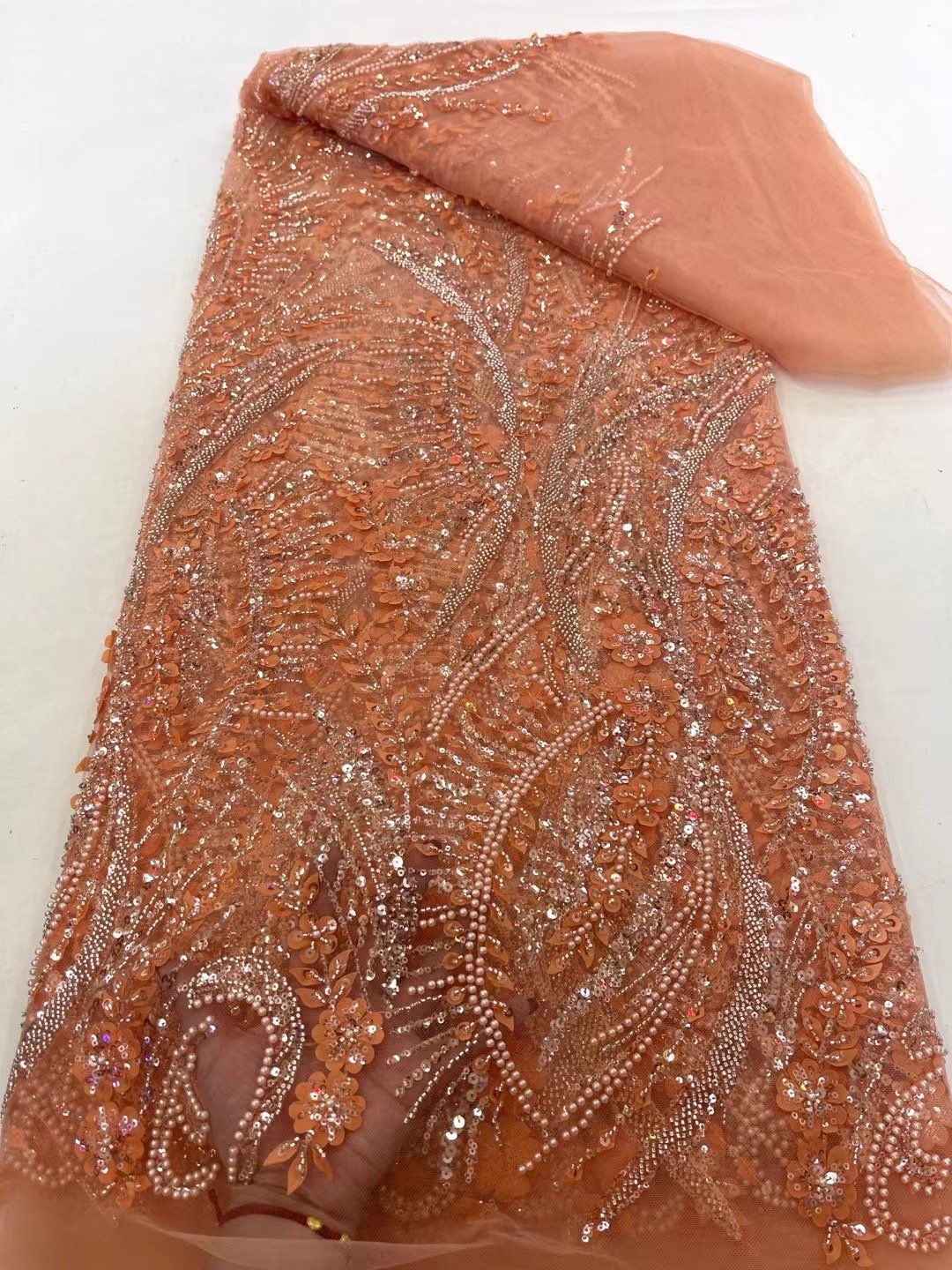 NI.AI Luxury Pearl Embroidery Lace Bridal Beaded Lace Fabric 3D Flower Lace Sequin Fabric