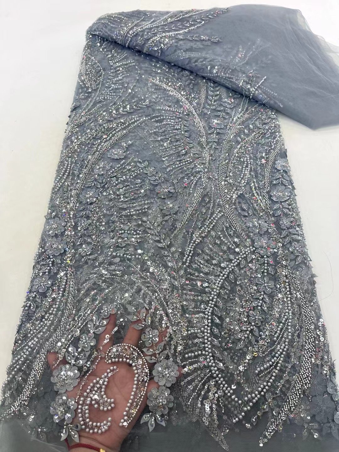 NI.AI Luxury Pearl Embroidery Lace Bridal Beaded Lace Fabric 3D Flower Lace Sequin Fabric