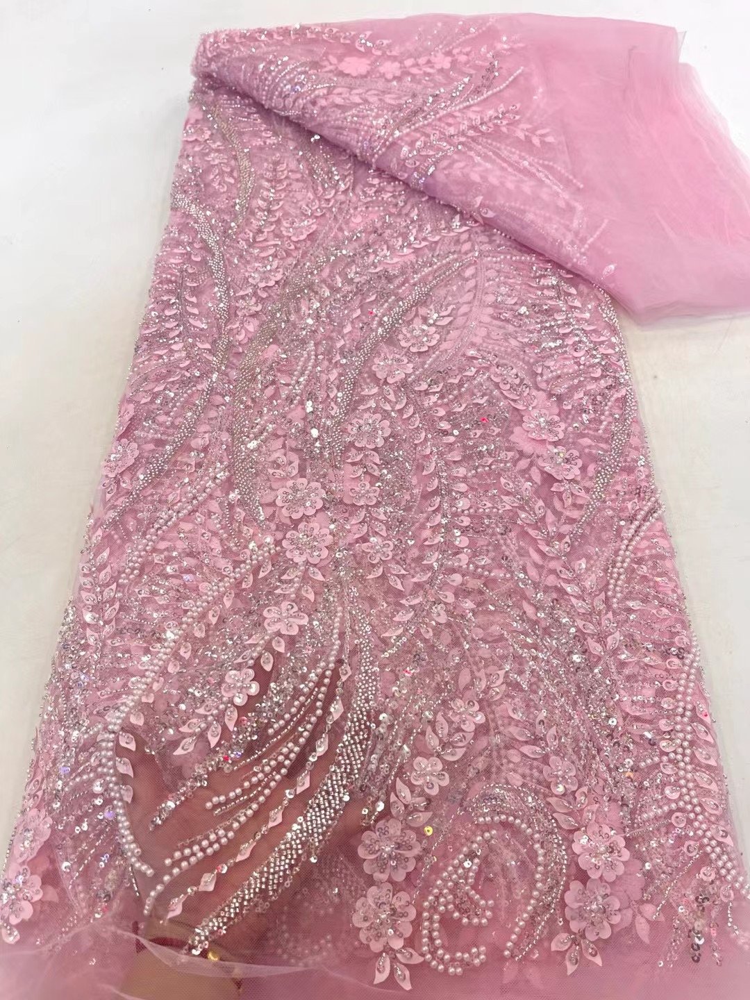 NI.AI Luxury Pearl Embroidery Lace Bridal Beaded Lace Fabric 3D Flower Lace Sequin Fabric