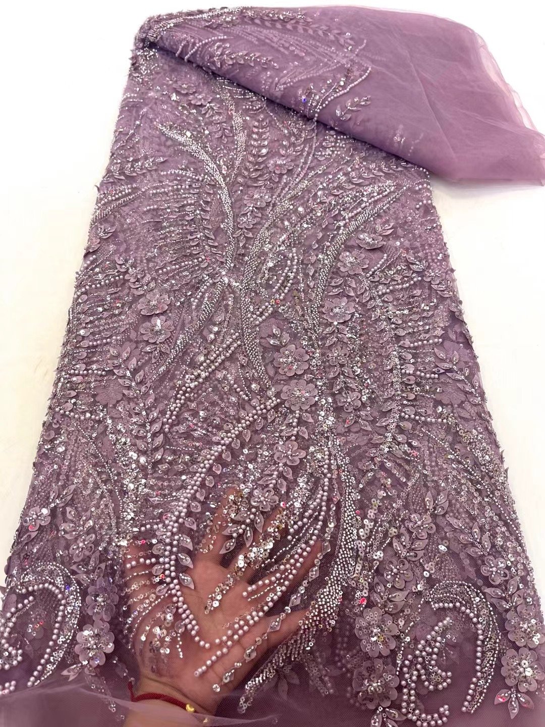 NI.AI Luxury Pearl Embroidery Lace Bridal Beaded Lace Fabric 3D Flower Lace Sequin Fabric
