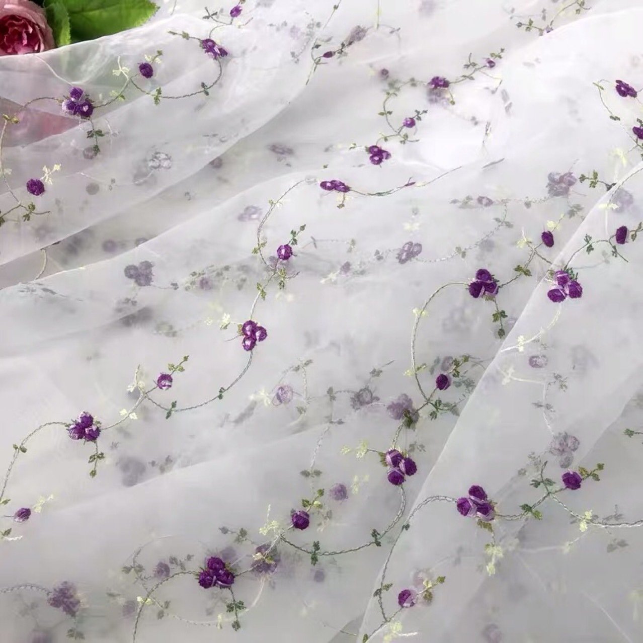 Width 130 cm embroidery organza fabric 3 d cherry mesh net voile tulle lace fabric for dress skirt