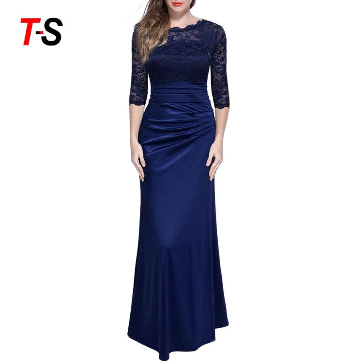 Solid color Round neck Slim dress Lace Sexy Long skirt Evening dresses