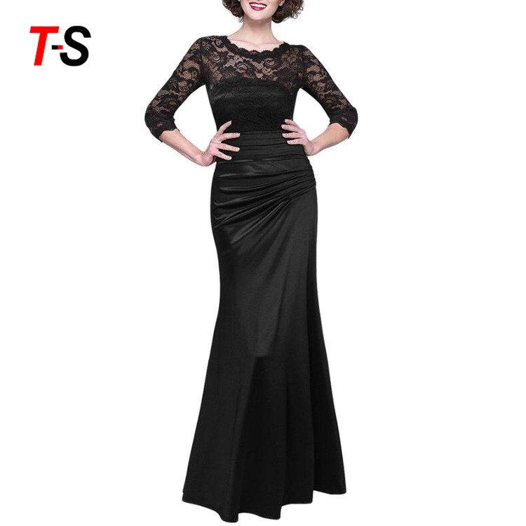 Solid color Round neck Slim dress Lace Sexy Long skirt Evening dresses