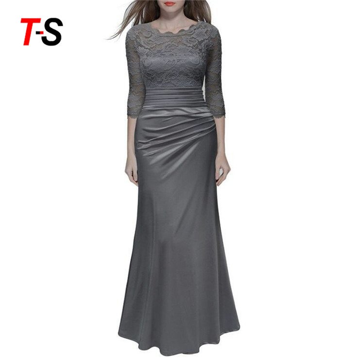 Solid color Round neck Slim dress Lace Sexy Long skirt Evening dresses
