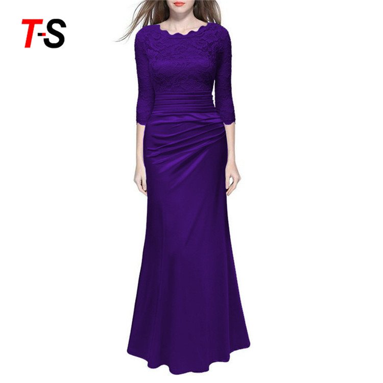 Solid color Round neck Slim dress Lace Sexy Long skirt Evening dresses