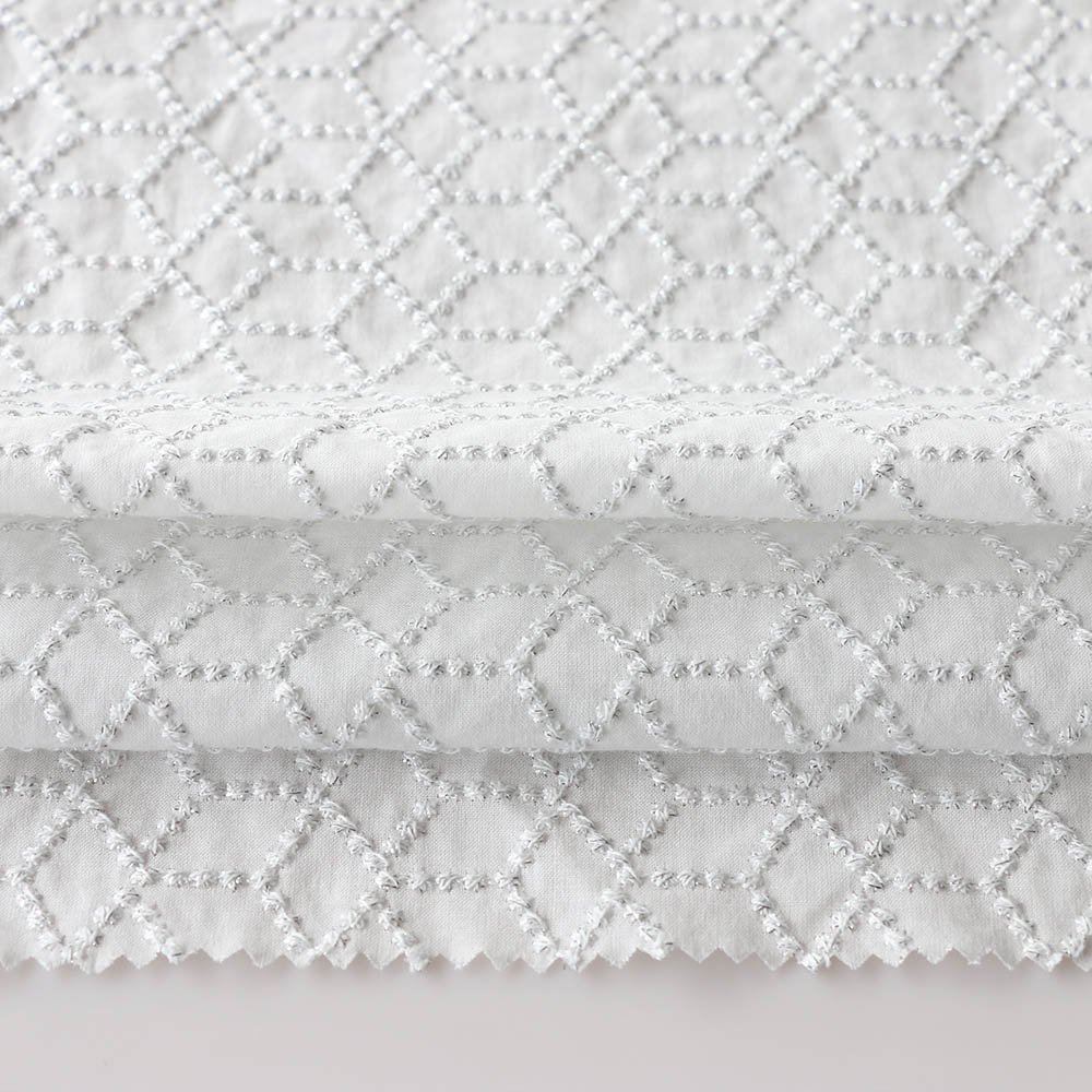 Shaoxing Manufacturer Customized Woven 97%Cotton 3%Lurex Embroidery Fabric Diamond Patterns Solid White For Clothing
