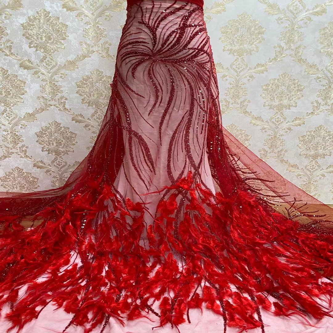 Feather Decoration Bead Sequin Embroidery Wedding Dress Dance Dress Fashion Accessories Lace Fabric