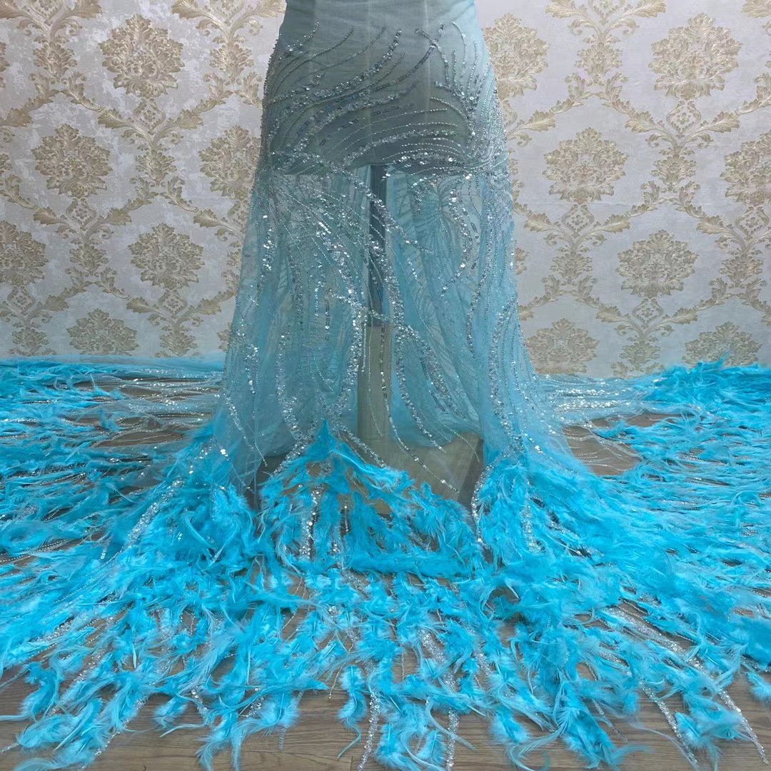 Feather Decoration Bead Sequin Embroidery Wedding Dress Dance Dress Fashion Accessories Lace Fabric