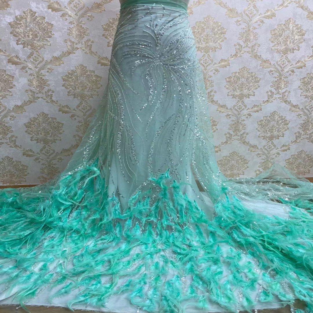 Feather Decoration Bead Sequin Embroidery Wedding Dress Dance Dress Fashion Accessories Lace Fabric