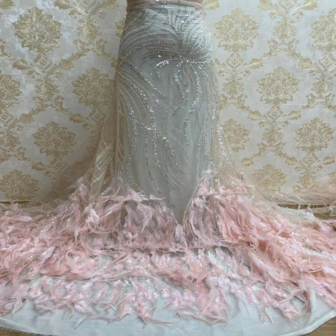 Feather Decoration Bead Sequin Embroidery Wedding Dress Dance Dress Fashion Accessories Lace Fabric
