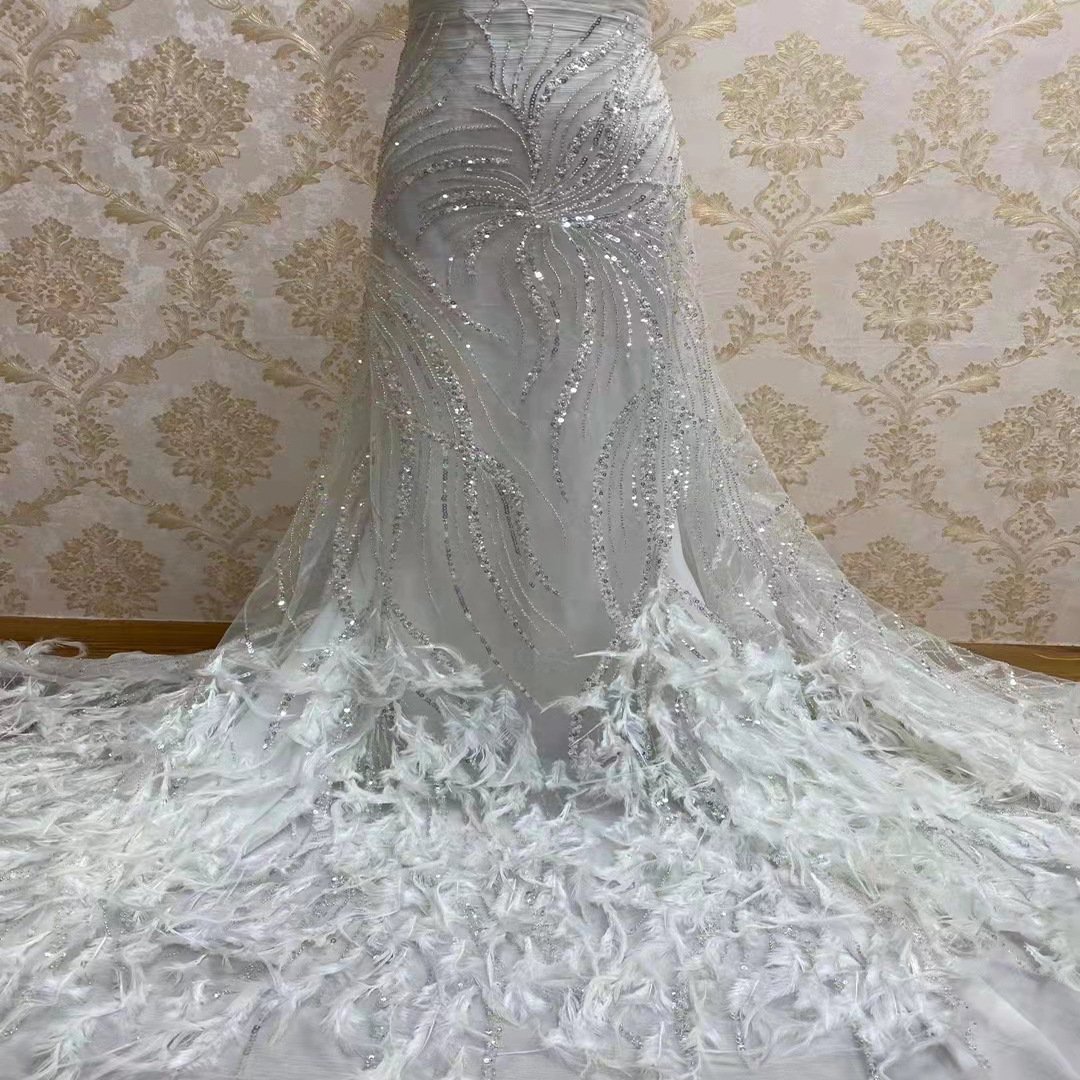 Feather Decoration Bead Sequin Embroidery Wedding Dress Dance Dress Fashion Accessories Lace Fabric