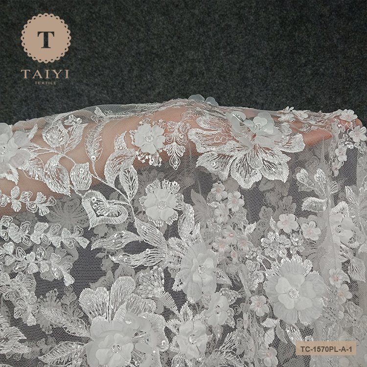 Heavy Beaded Lace Fabric Tulle French Guipure Lace Elegent Wedding Lace