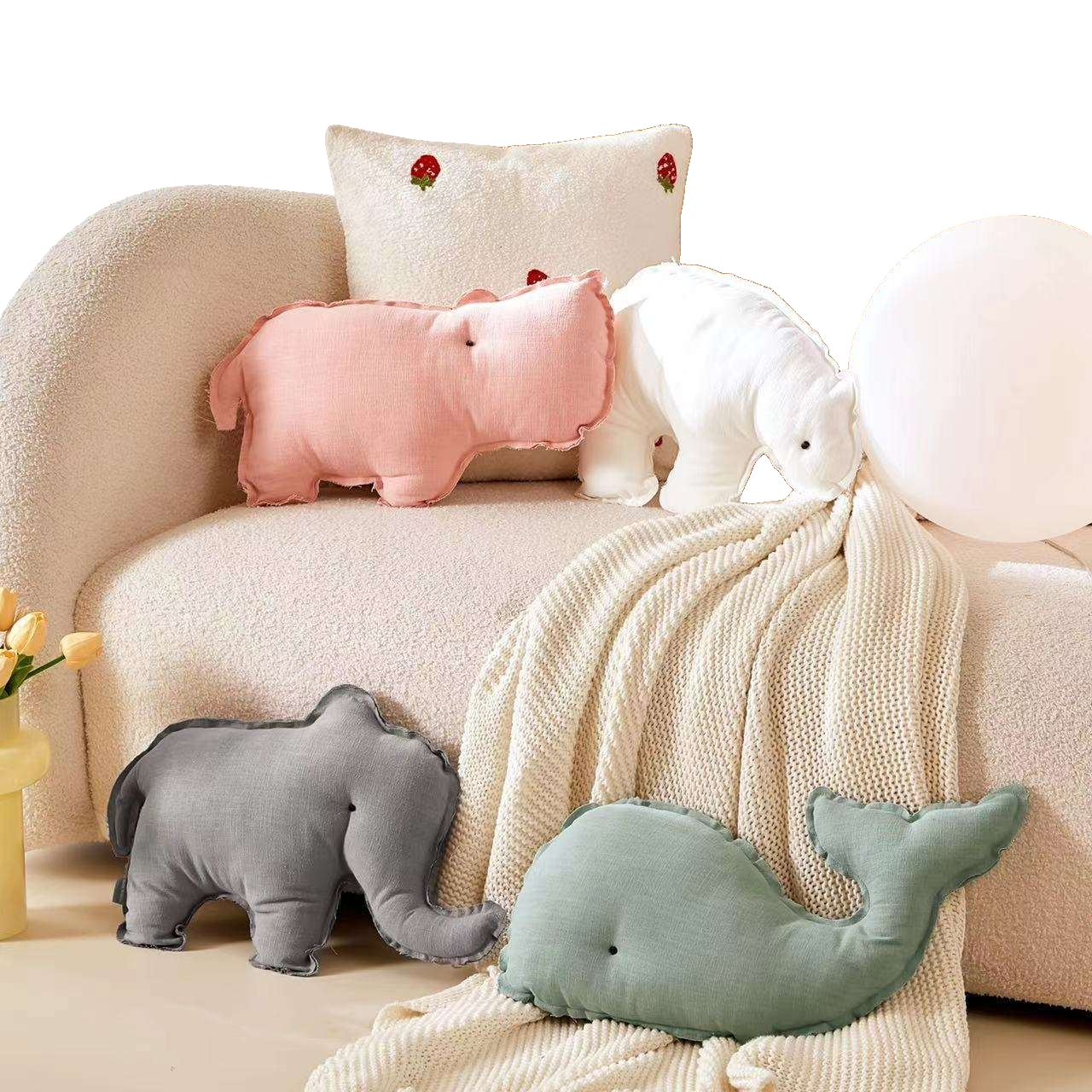 New Arrival Ramie Animal Pillow Polar Bear Elephant Hippo Whale Plush Soft Cushion
