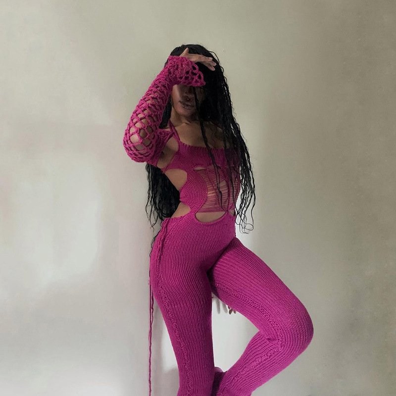 Knit Backless Jumpsuit Women's Clothing Streetwear Casual Hollow Out Romper Fashion One Piece Ladies Jumpsuit For Women