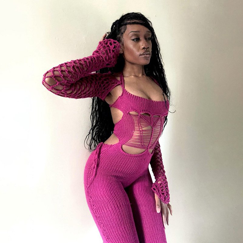 Knit Backless Jumpsuit Women's Clothing Streetwear Casual Hollow Out Romper Fashion One Piece Ladies Jumpsuit For Women