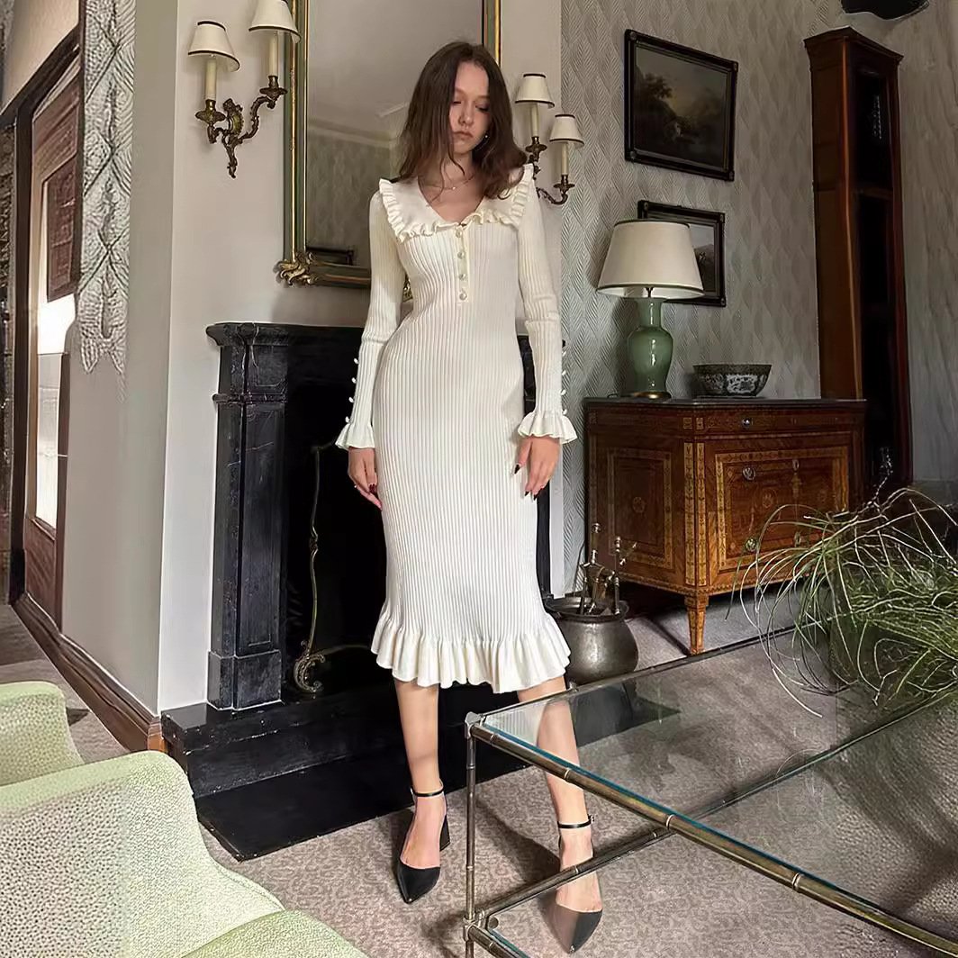 2024 Ruffled Patchwork Knit Maxi Dress Elegant Ribbed Long Sleeve Party Dress Gown Slim Knitwear Fashion Long Dress for Women