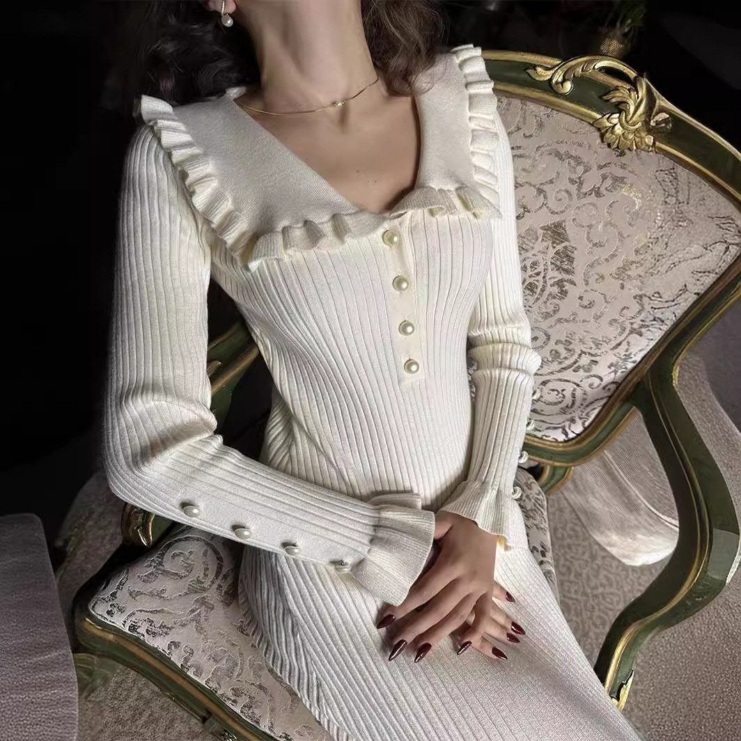 2024 Ruffled Patchwork Knit Maxi Dress Elegant Ribbed Long Sleeve Party Dress Gown Slim Knitwear Fashion Long Dress for Women