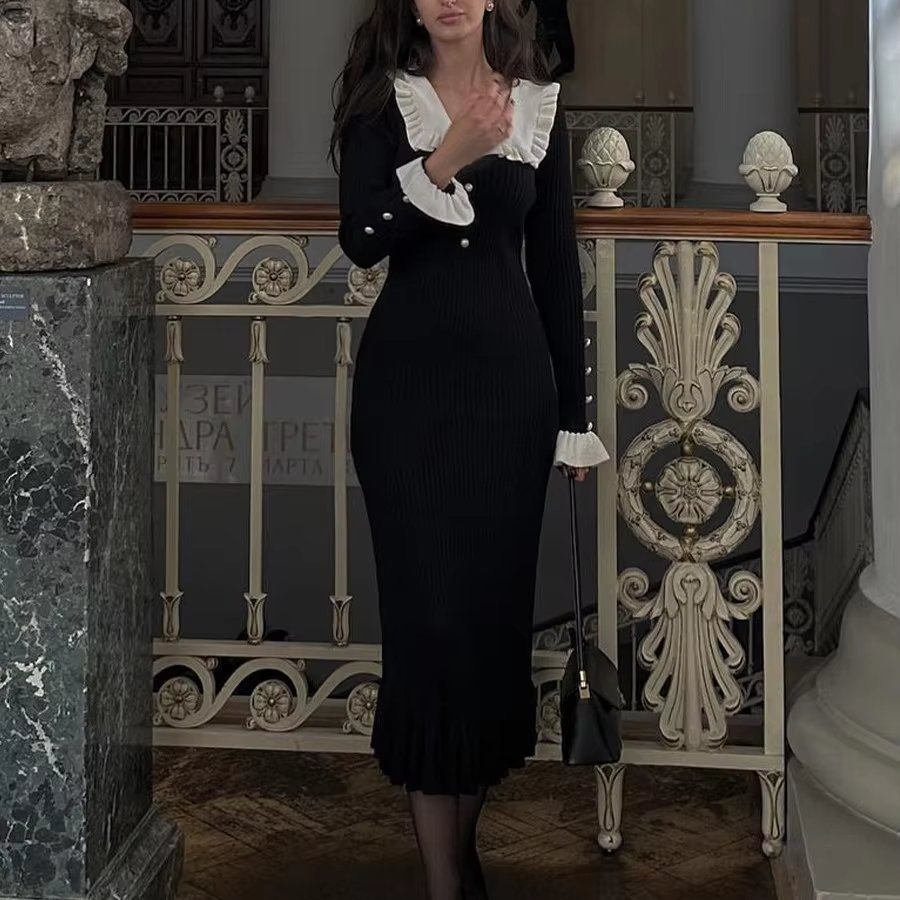 2024 Ruffled Patchwork Knit Maxi Dress Elegant Ribbed Long Sleeve Party Dress Gown Slim Knitwear Fashion Long Dress for Women