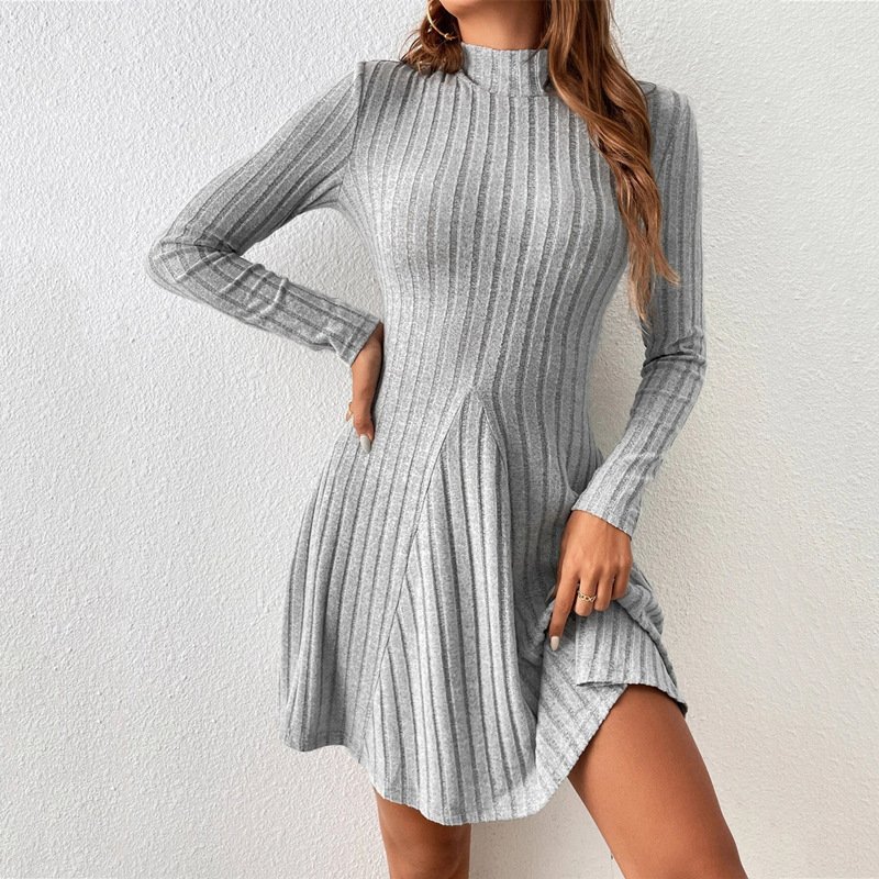 New ribbed knitted long-sleeved dress 2024 ladies fashion casual half-neck mid-skirt