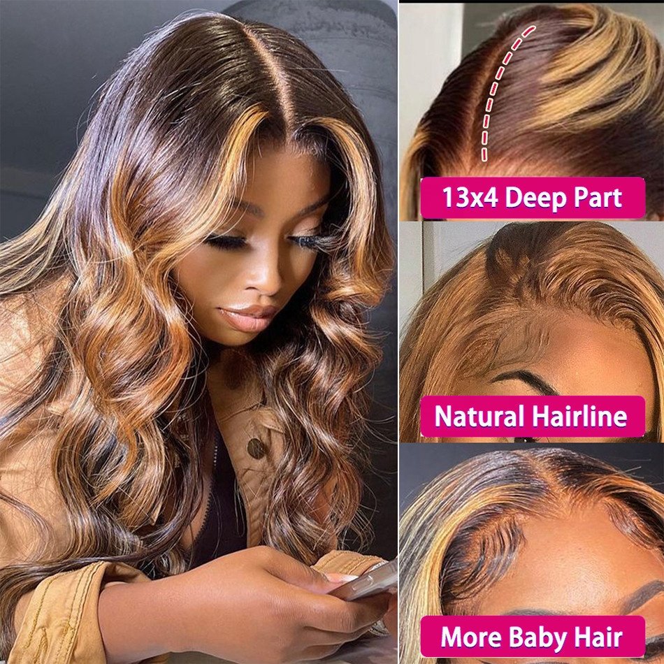 4/27 Highlight Ombre Body Wave 13x4 Transparent Lace Front Human Hair Wigs with Baby Hair Honey Blonde HD Lace Frontal Wig