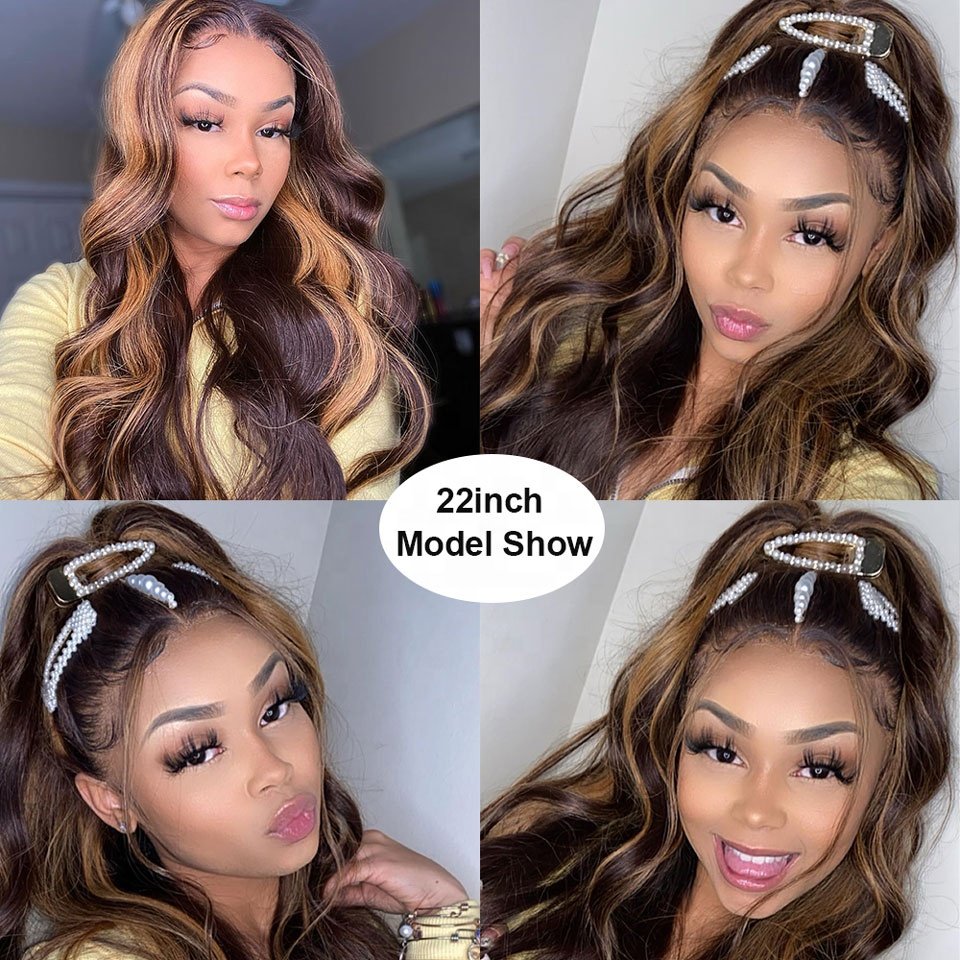 4/27 Highlight Ombre Body Wave 13x4 Transparent Lace Front Human Hair Wigs with Baby Hair Honey Blonde HD Lace Frontal Wig