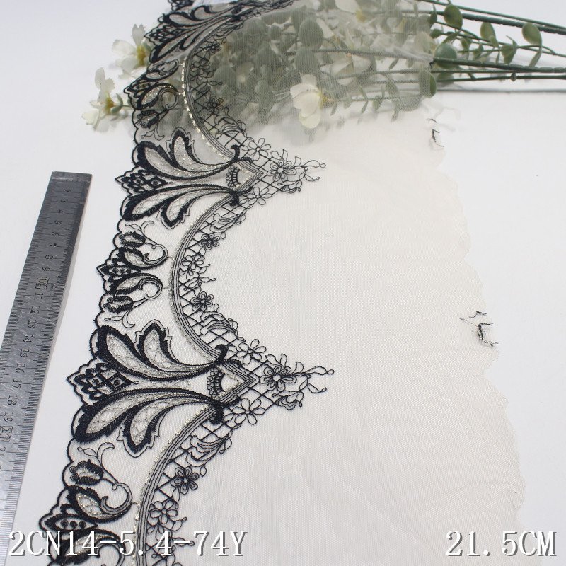 21cm Nude Voile black Floral Embroidery border Lace lingerie fabric with metal wire Tulle embroidered Lace Trim For Women Dress