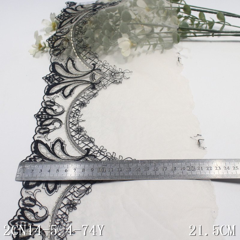 21cm Nude Voile black Floral Embroidery border Lace lingerie fabric with metal wire Tulle embroidered Lace Trim For Women Dress