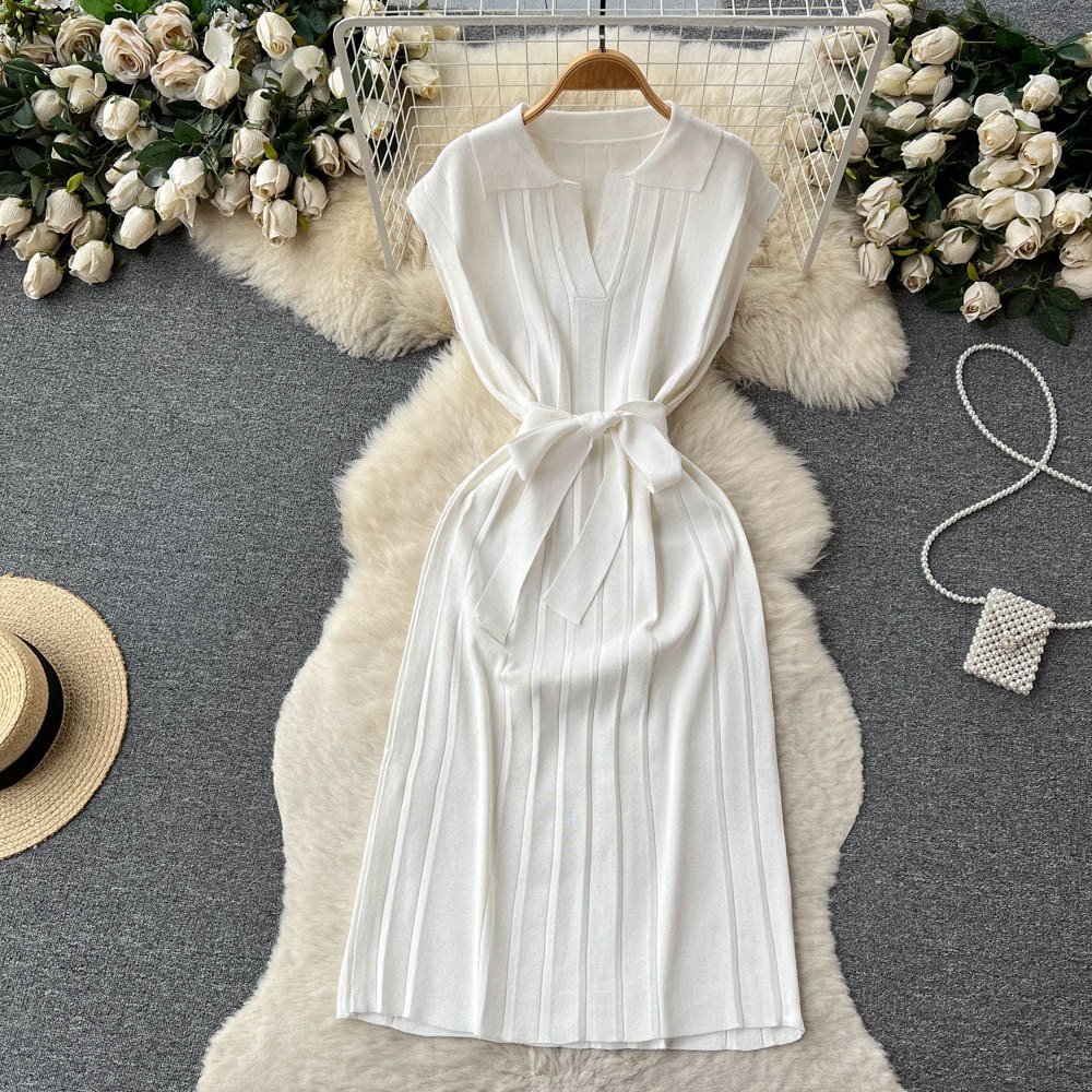 2024 Summer Sleeveless Polo Collar Knitting Casual Dress Women High Waist Draped Midi Pleated Dress Ladies Dresses Clothes Women