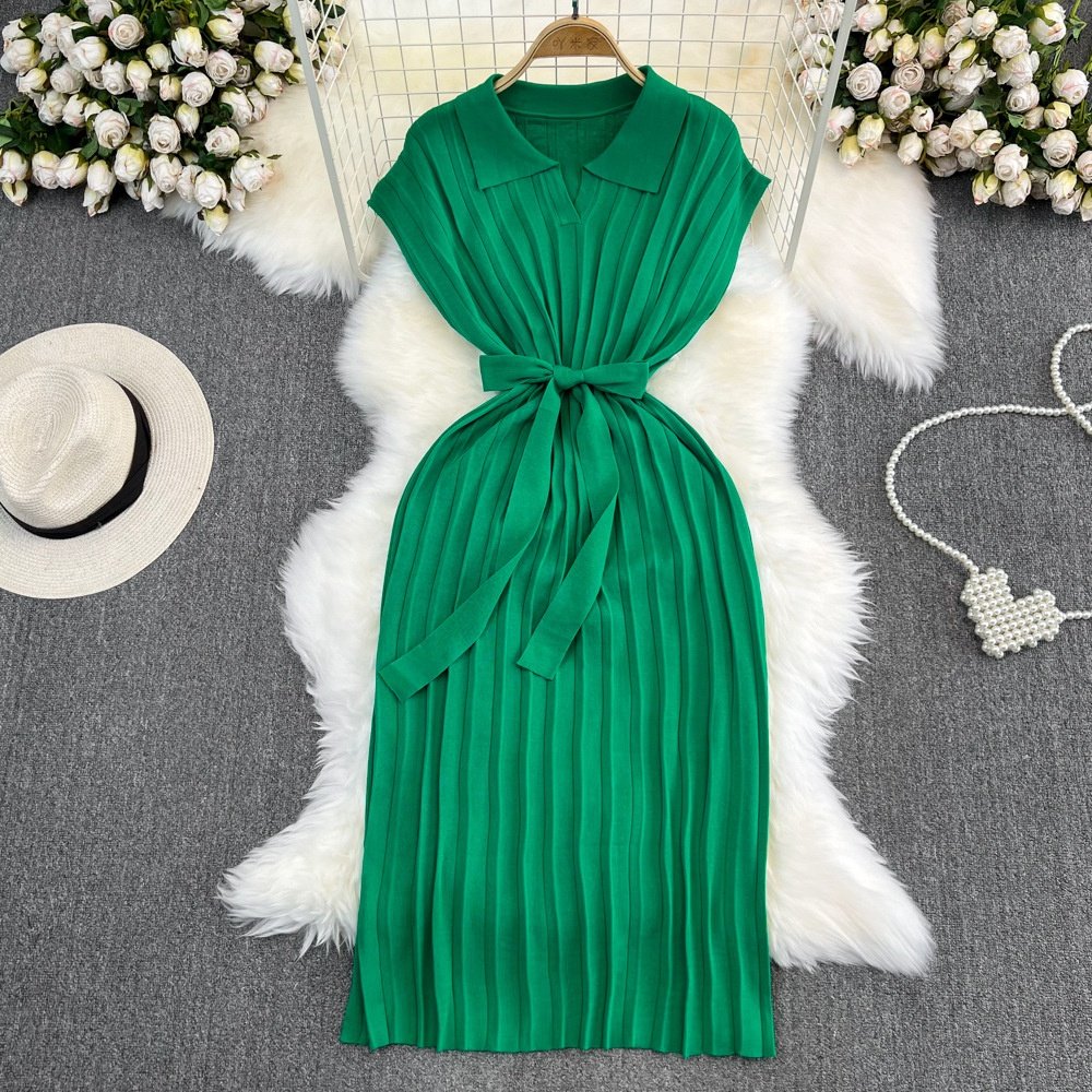 2024 Summer Sleeveless Polo Collar Knitting Casual Dress Women High Waist Draped Midi Pleated Dress Ladies Dresses Clothes Women
