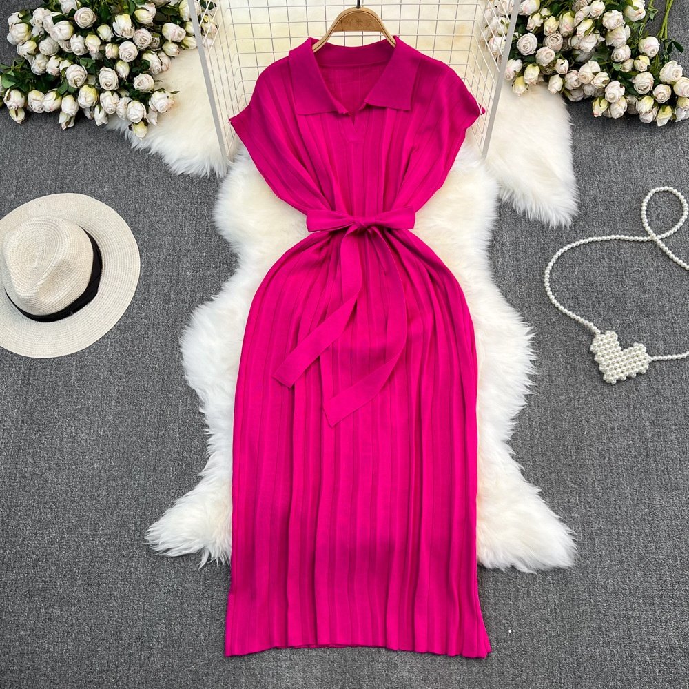 2024 Summer Sleeveless Polo Collar Knitting Casual Dress Women High Waist Draped Midi Pleated Dress Ladies Dresses Clothes Women