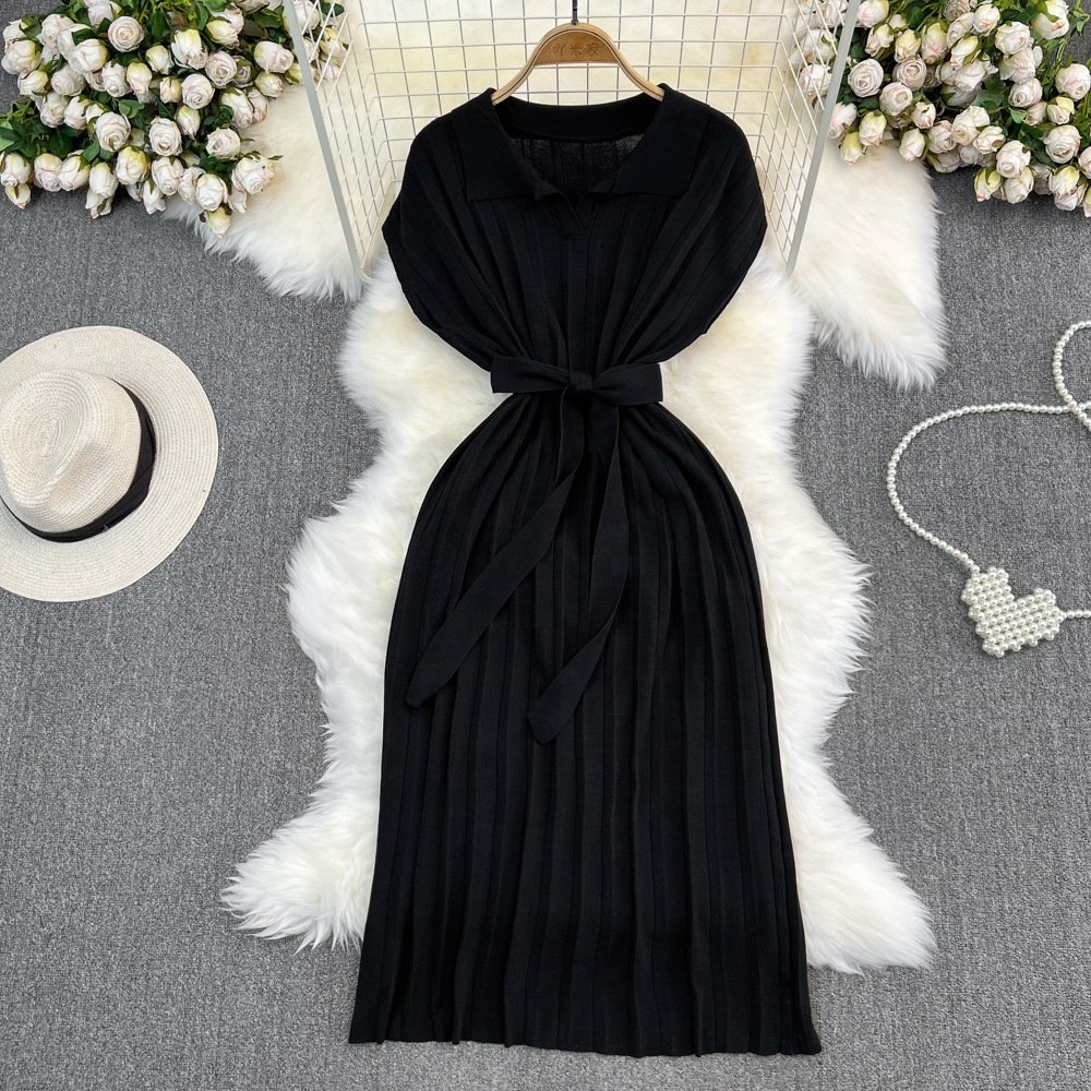2024 Summer Sleeveless Polo Collar Knitting Casual Dress Women High Waist Draped Midi Pleated Dress Ladies Dresses Clothes Women