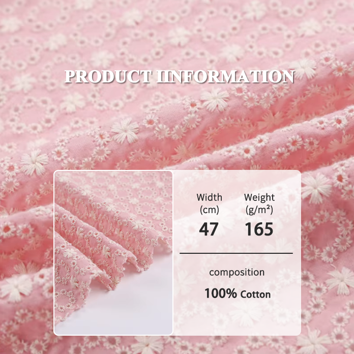 Chinese custom 100% cotton woven textile super soft 3d pink floral embroidery hole fabric for women dress