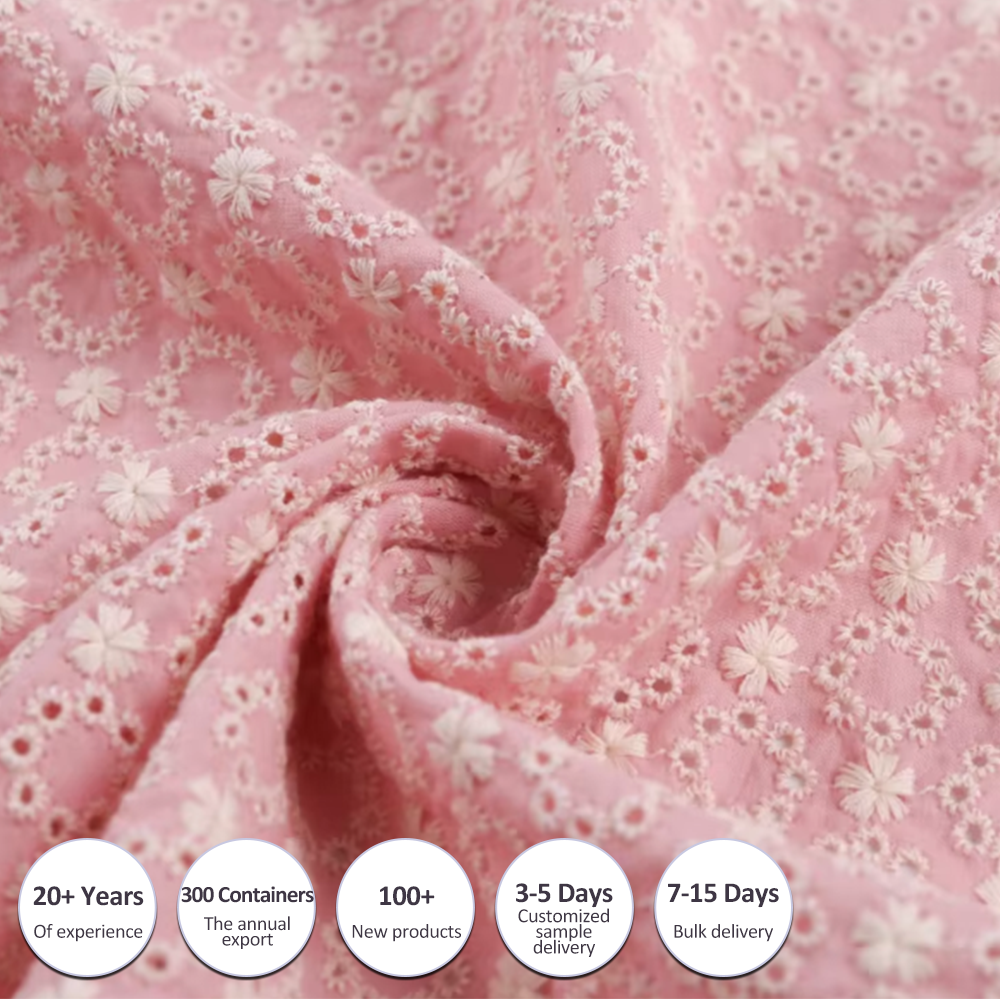 Chinese custom 100% cotton woven textile super soft 3d pink floral embroidery hole fabric for women dress